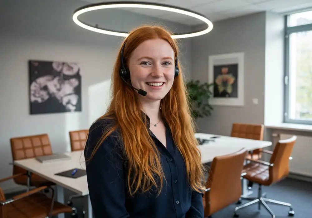 Lächelnde bungalski-Mitarbeiterin mit Headset in einem Konferenzraum