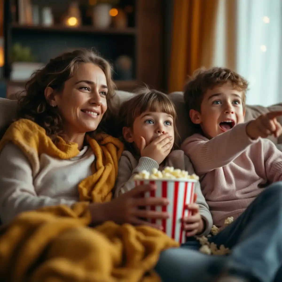 Mutter und zwei Kinder sitzen mit Popcorn auf dem Sofa und schauen gespannt gemeinsam fern