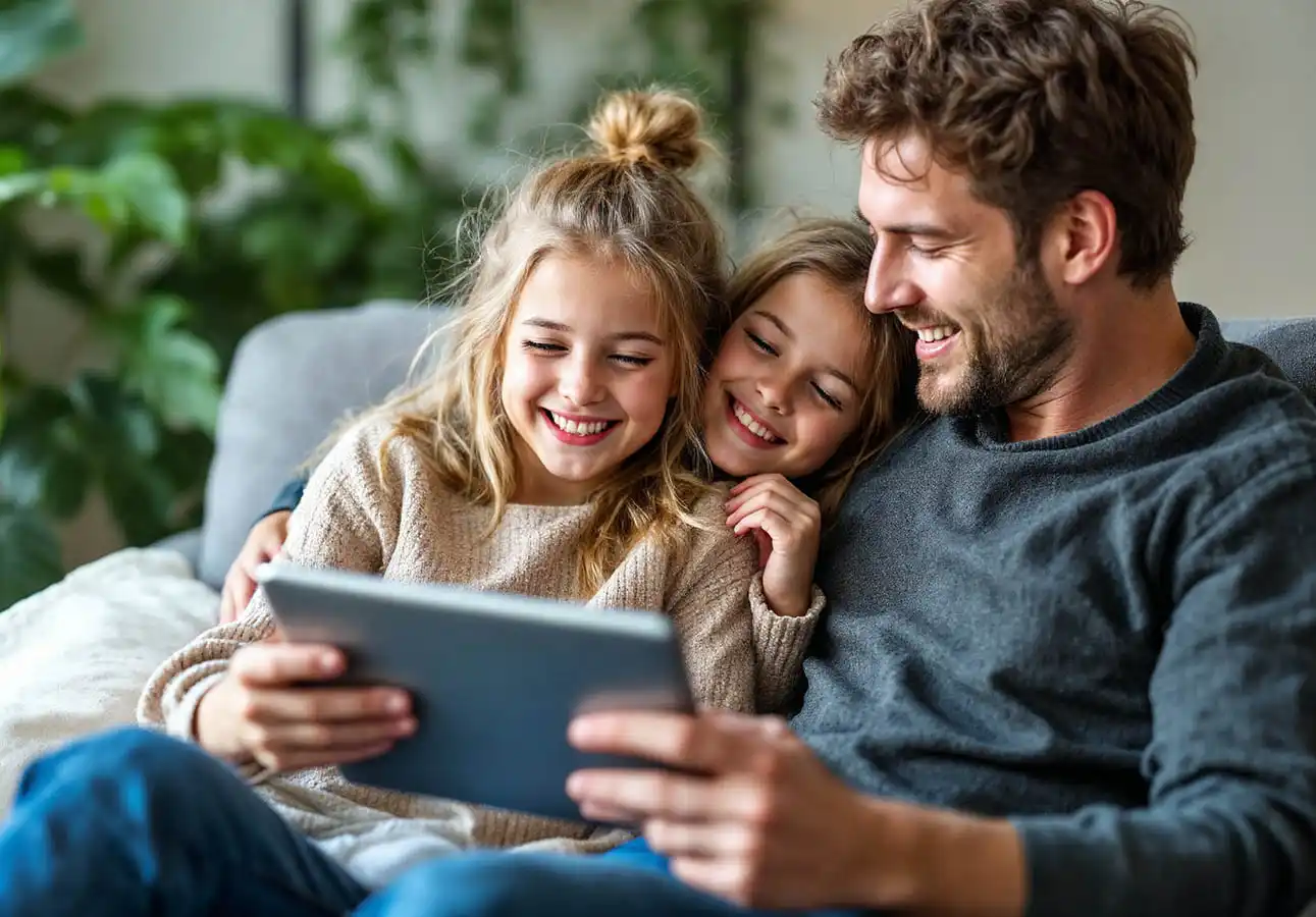 Vater und zwei Kinder sitzen lachend auf dem Sofa und schauen gemeinsam auf ein Tablet