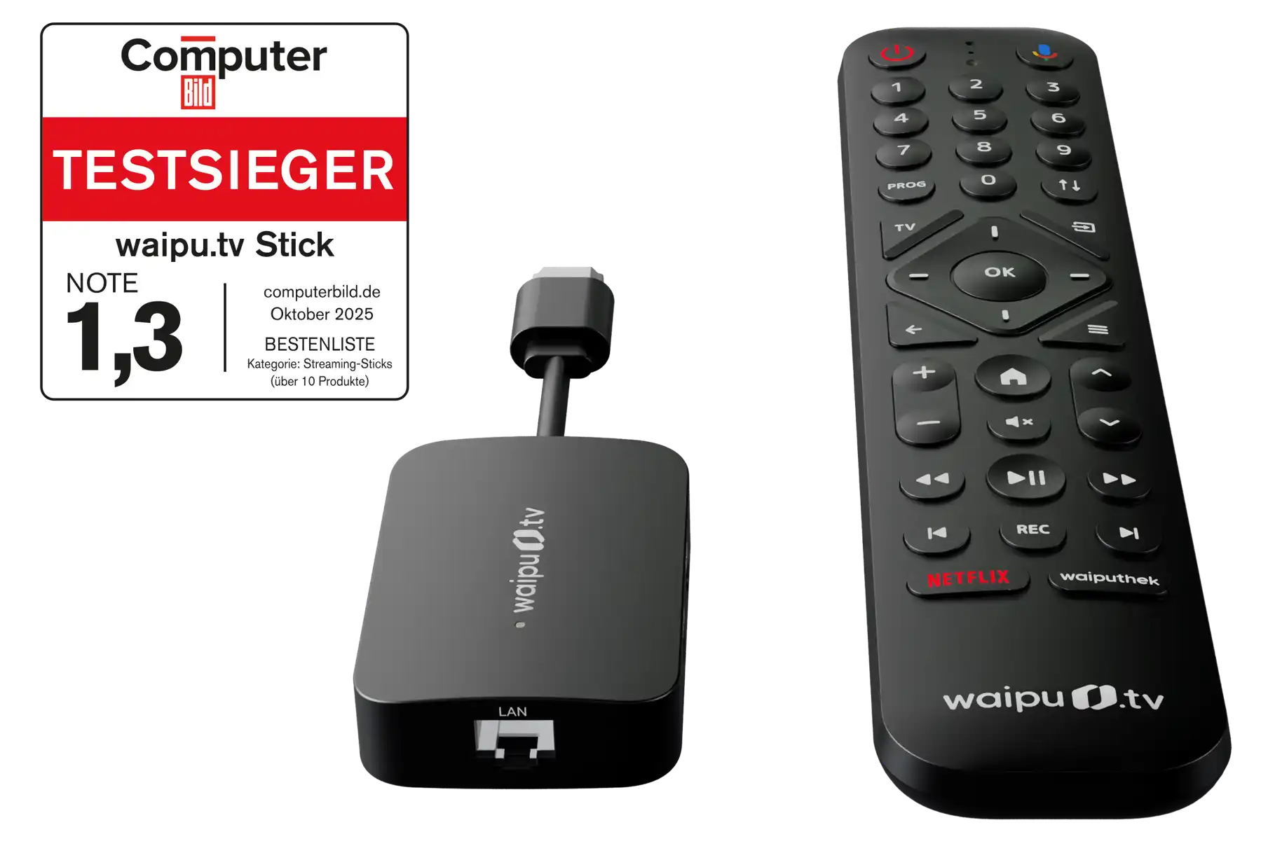waipu.tv Stick mit LAN-Anschluss und Fernbedienung, ausgezeichnet als Computer Bild Testsieger mit Note 1,3