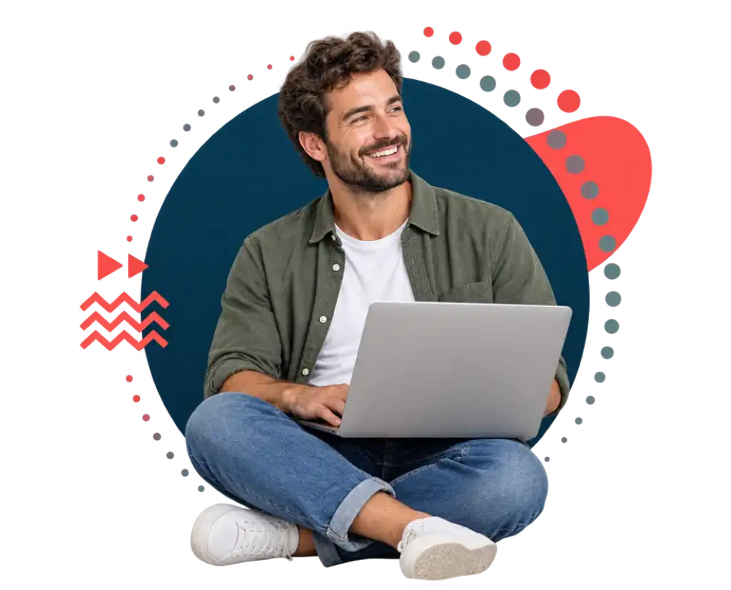 Mann sitzt entspannt mit einem Laptop, Illustration mit Bungalski-Markengrafik im Hintergrund