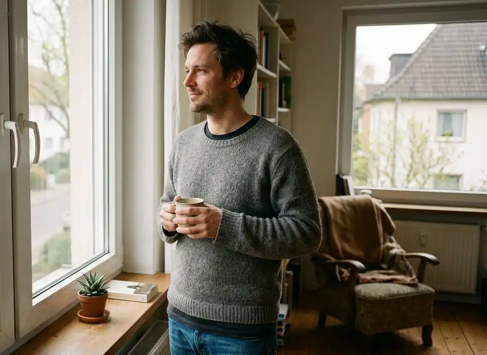 Mann steht morgens entspannt mit einer Tasse Kaffee am Fenster